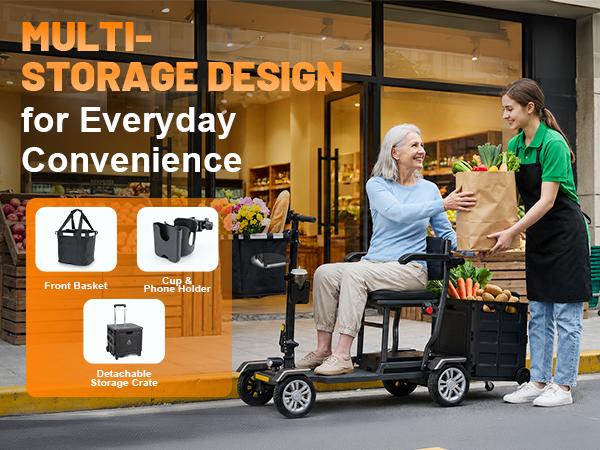 Lightweight Foldable 4-Wheel Mobility Scooter for Seniors Adults, Aluminum Frame Motorized Scooter with Storage Crate & Basket, 450W Brushless Motor, LED Lights, 25 Miles Range, 400 LBS Weight Capacity