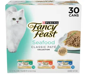 Purina Fancy Feast Seafood Classic Pate Collection Grain Free Wet Cat Food Variety Pack - (Pack of 30) 3 oz. Cans