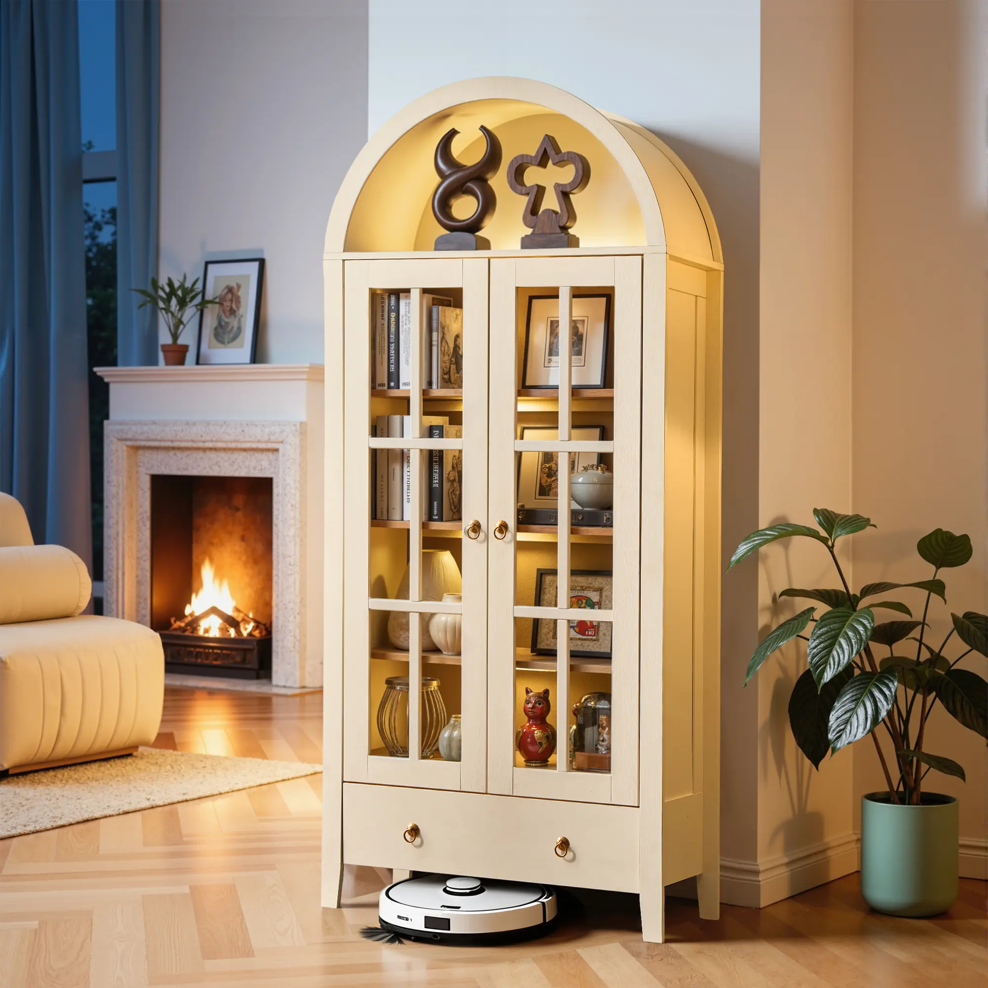 ALLWEX 70" Tall Arched Glass Display Cabinet with LED Lights, Modern Curio Cabinet with Storage Drawers & Adjustable Shelves, Freestanding Kitchen Pantry Cabinet for Living Room, Dining Room & Home Office