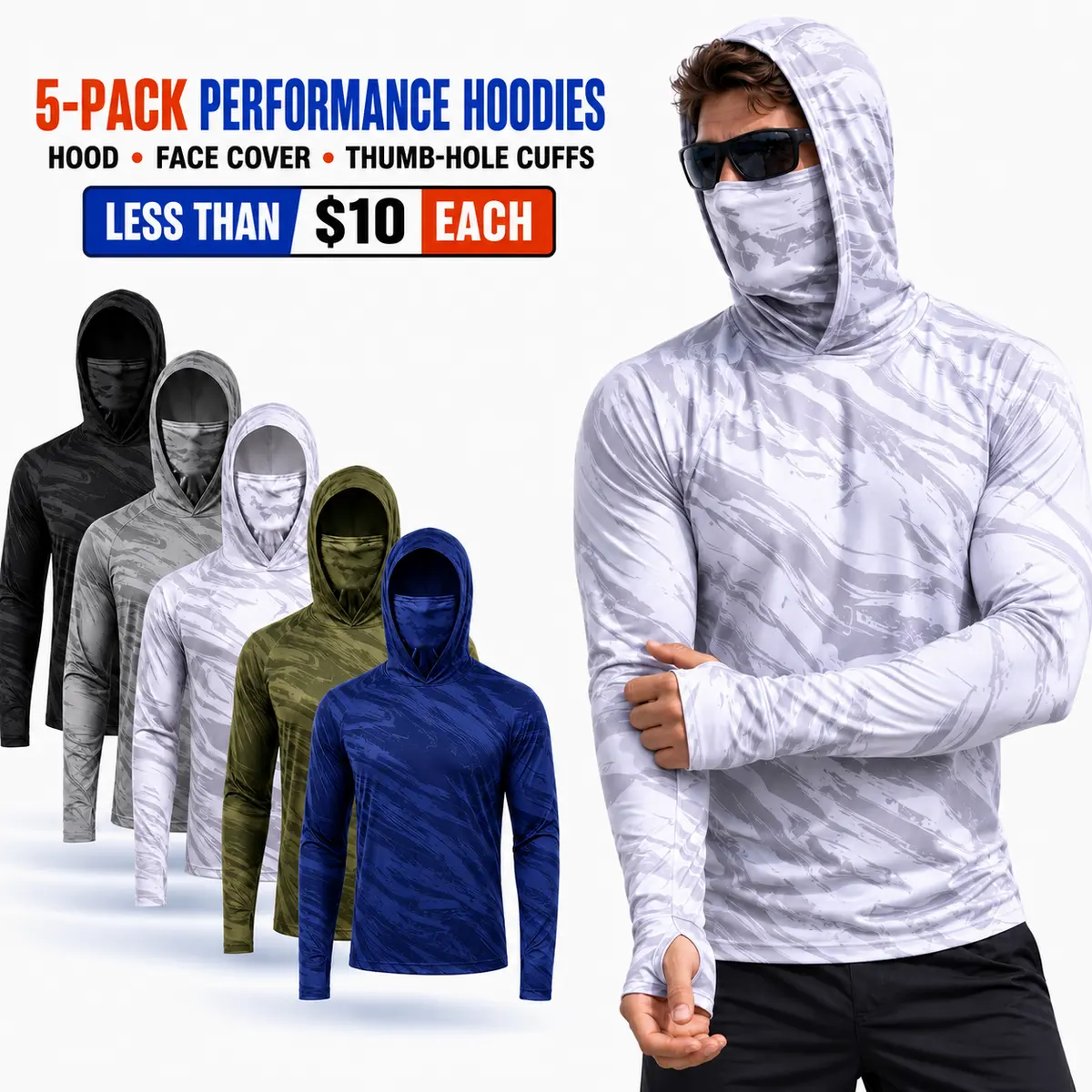 5-Pack Men’s UPF 50+ Sun Protection Hooded Shirts with Built-In Face Cover & Thumb Holes, Quick-Dry Moisture-Wicking Long Sleeve Fishing Shirts, Lightweight Breathable Stretch Activewear for Hiking, Boating, Running, Construction & Outdoor Work