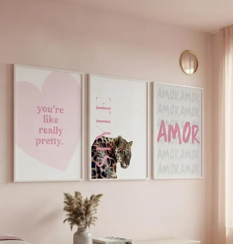 Pink Aesthetic Wall Art Bundle, Set of 3 Preppy Leopard Decor, Trendy Bedroom Posters, Modern Girly, Instant Download