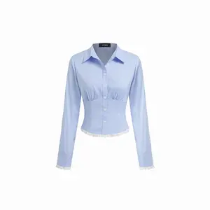 Cider Gingham Collar Long Sleeve Lace Trim Button Shirt