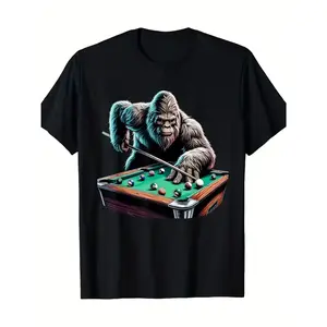 100% Men's Fun Sasquatch Pool Player Graphic T Shirt Short Sleeve Black with Vibrant Billiards Design Casual & Comfortable Fit for All Seasons Same Style for Men and Women 2026 Summer Short-sleeved Printed T-shirt