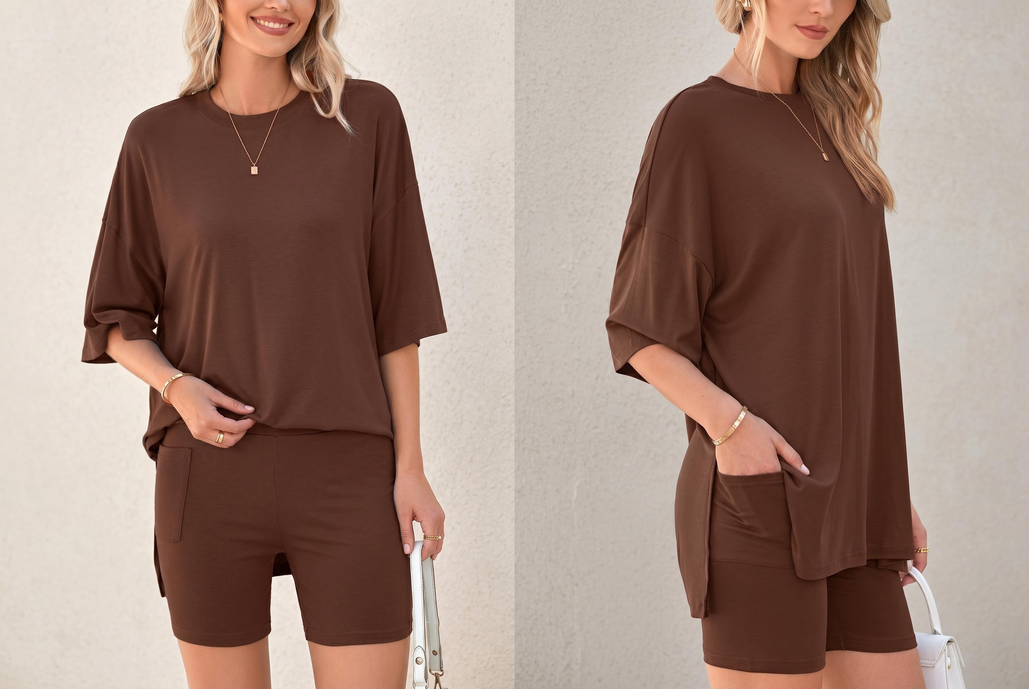 Crewneck Two-Piece Set For Women(S-4XL) Summer Casual Oversized Split Hem T-Shirts & Right-Side Patch Pocket Fitted Shorts Minimalist Lounge Wear Comfy Homewear Cozy Pjs Crewneck Two-Piece Set For Women(S-4XL) Summer Casual Oversized Split Hem T-Shirts & Right-Side Patch Pocket Fitted Shorts Minimalist Lounge Wear Comfy Homewear Cozy Pjs
