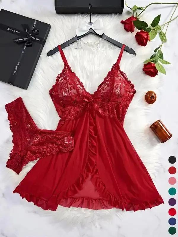 Women's Lace Cami Sleeveless Nightdress & Thong Sexy Sleepwear Set, Fitted Spaghetti Strap Wrap Nightgown & Underwear Lingerie Set, Ladies Sleepwear for All Seasons, Womenswear, Loungewear, Lingerie Lace Trim Nightgown, Vneck Nightgown