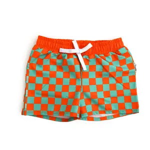 Spencer Checks SHORTS  Summer Sun Shorts Boys UPS 50 SUN Safe Play Neon Orange and Teal Gigi and Max