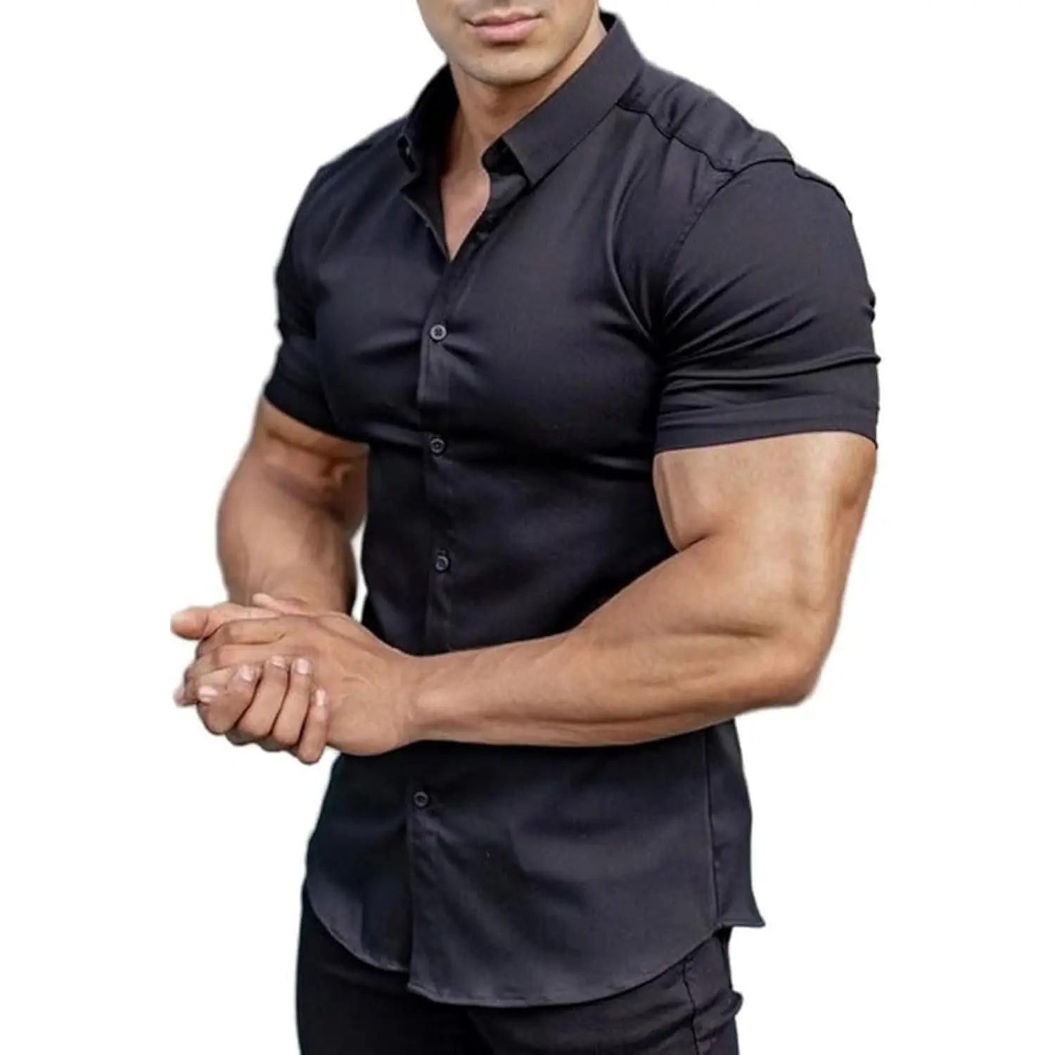 Men's Muscle Fit Dress Shirts Athletic Slim Fit Short Sleeve Stretch Casual  Button Down Shirt - TikTok Shop