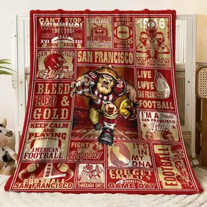 San Francisco Football Team Themed Flannel Blanket, Retro Sports Graphic Throw with Mascot, Inspirational Slogans Like "Bleed Red & Gold", "Can't Stop Winning", Soft Cozy Fleece Blanket for Co