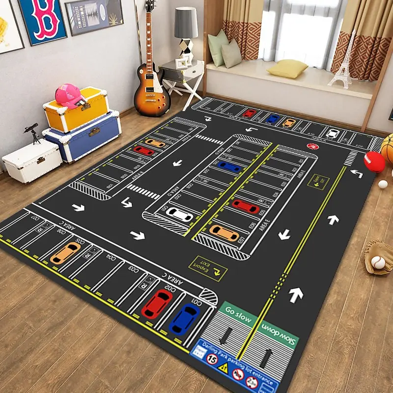 Children's Play Rug: Parking Lot & Road Map Design – Crawling Mat, Traffic-Themed Floor Mat for Early Education and Kindergartens