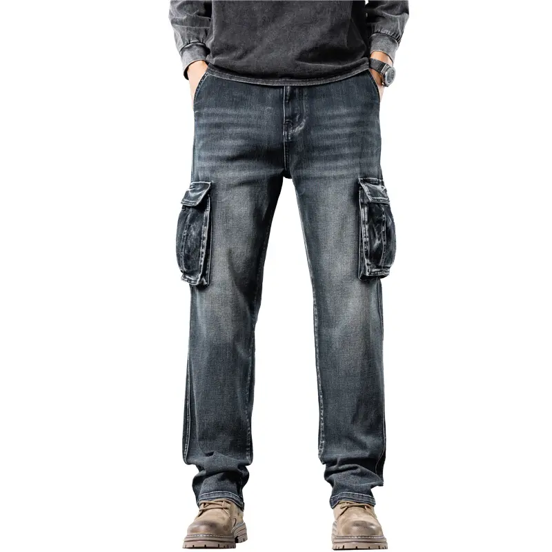 Men’s Charcoal Gray Stretch Cargo Jeans – Relaxed Straight-Leg Utility Denim Pants with Flap Pockets, Waist 28–42. Streetwear #CargoJeans #DarkWashDenim #TikTokMadeMeBuyIt