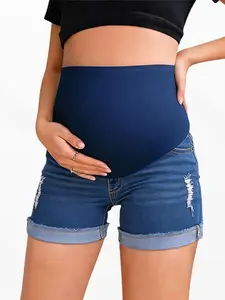 Blue Pregnant Ripped Jeans Shorts, Maternity Belly Support Mid-Waist Elastic Casual Slimming, Fashion Plain Pattern, Comfortable and Stylish