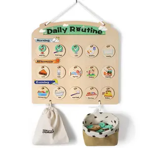 Joyreal Wooden Schedule for Kids - Three Rows Visual Hanging Daily Routine, Preschool Learning Activity Tasks Routine Chart and Chore Reward Chart for Toddlers