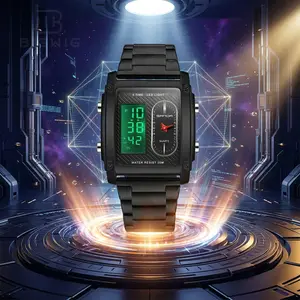 Men's Square Watches Dual Display Analog Digital Quartz Movement, Stainless Steel Band Waterproof Wrist Watch with 3 Time Zones, LED Backlight, Multi-Function Business Casual Watch for Men