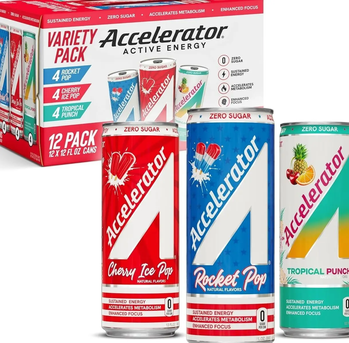 Accelerator Energy Drink, Variety Pack 12oz can (12 pack), Zero Sugar, Sustained Energy from 100% Natural Caffeine (200mg from Green Coffee Bean & Green Tea extract)
