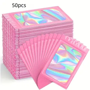 50 Holographic Odor-Proof Zipper Bags, Reusable Sealed Aluminum Foil Pouches, Ideal for Lip Gloss, Jewelry, False Eyelashes, Gifts