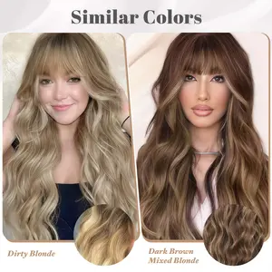 Newbie-Friendly Outdoor-Suitable Playful Wig – Long Wavy Hair with Bangs, Dark Root & Ombre Natural Curls, Lightweight Synthetic Hair Fiber Easy-to-Comb Stylable for Everyday Wear & Party Occasions