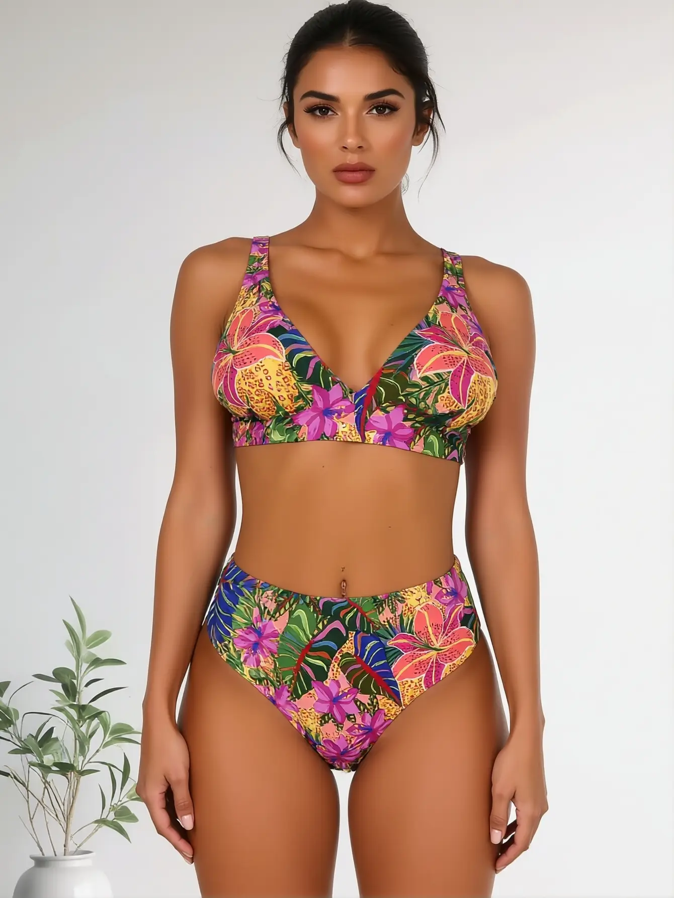 Women Tropical Floral Pineapple Print V-Neck Bikini Set High Waisted Two Piece Swimsuit Bathing Suit for Beach Pool