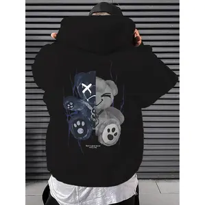 1pc Men'S Casual Polyester Hoodie with Slight Stretch, Print Bear Design, Loose Fit Hooded Sweatshirt for Weekend Wear, Spring/Fall Season