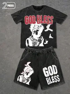 TikTok Viral 2026 Streetwear Set - Retro Grunge God Bless Print T-Shirt and Shorts, Distressed Black Washed 2 Piece Outfit with Dove & Praying Kid Graphic, Aesthetic Casual Tracksuit for Men’s Summer Vacation & Daily Wear