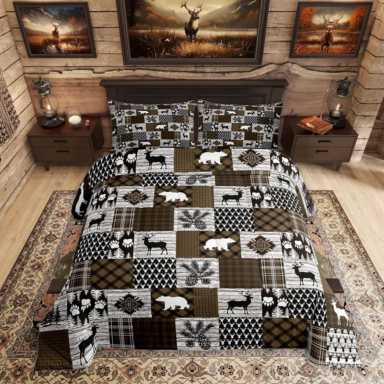 Lodge Plaid Comforter Set All Season Bear Deer Bedding Set s Cabin Farmhouse Rustic Kids Bedclothes Country Bedroom Decor Brown Duvet Quilt Breathable Soft Lightweight
