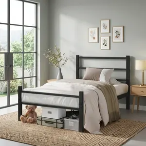 14 Inch Twin Metal Bed Frame with Headboard, No Box Spring Needed, Sturdy Metal Construction, Black Modern Platform Bed Frame, Easy Assembly, Suitable for Bedroom, Home Decor, Twin Size Bed for Kids/Teens/Adults