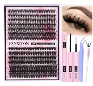 FANXITON DIY Lash Extension Kit Volume Lash Clusters 40D+50D D Curl Individual Lashes Lash Clusters Kit Thick Eyelash Extension Kit 280 pcs Thin Band Cluster Lashes Lash Bond and Seal Lash Tweezers