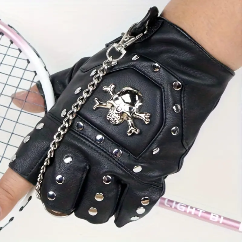 Punk Style Fingerless Gloves with Skull Accent, PU Leather Chain & Rivet Studded, Motorbike Riding Performance Gloves, Non-Slip Outdoor Sports Half-Finger Glove, Polyester Fiber, Knitted PE - Black