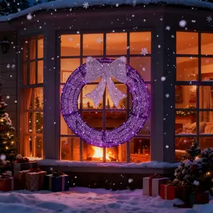 iCapeson 36in Pre-lit Outdoor Christmas Wreath with Purple Bow, 175 LED Purple & Orange Lights Metal Wreath with Remote Control & Timer, Weatherproof Holiday Decor for Front Door Gate Wall