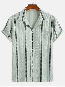 Men's Fashion Cuban Collar Striped Short Sleeve Shirt, Breathable Casual Wear, Casual Outdoor Shirt, Jacquard Texture, Breathable Moderate Fabric, No Organic Textile, Casual Breathable Shirts