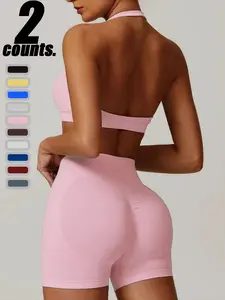 Sport-Life High-Waisted Butt-Lifting Quick-Dry Running Shorts, High Stretch Halter Backless Seamless Sports Bra Set, Compression Activewear, Gym Sets, Workout Sets
