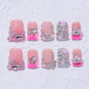 Nailssbysheccid，10pcs press-on nails, Duckbill, 100% handmade, Y2K style, combined with Rhinestone French style, 3D,suitable for family dinners, dates, weddings, it is the best gift for girls! Comes with jelly glue, crystal sticks and twisting rods.
