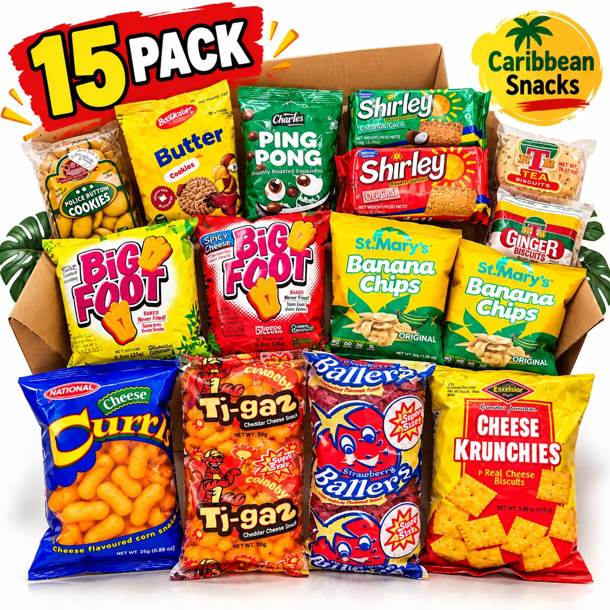 Caribbean Snack Variety Box 15 Pack – Jamaican Cookies, Chips, Candy & Cheese Snacks