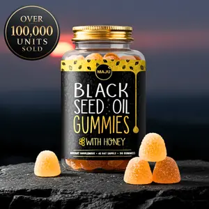 MAJU Black Seed Oil Gummies with Honey 90ct Natural Vitamin Optimum for Hair Skin Nails Gut Gummy Supplement 250mg per Gummy 45 Day Supply Edible Healthcare Dietary