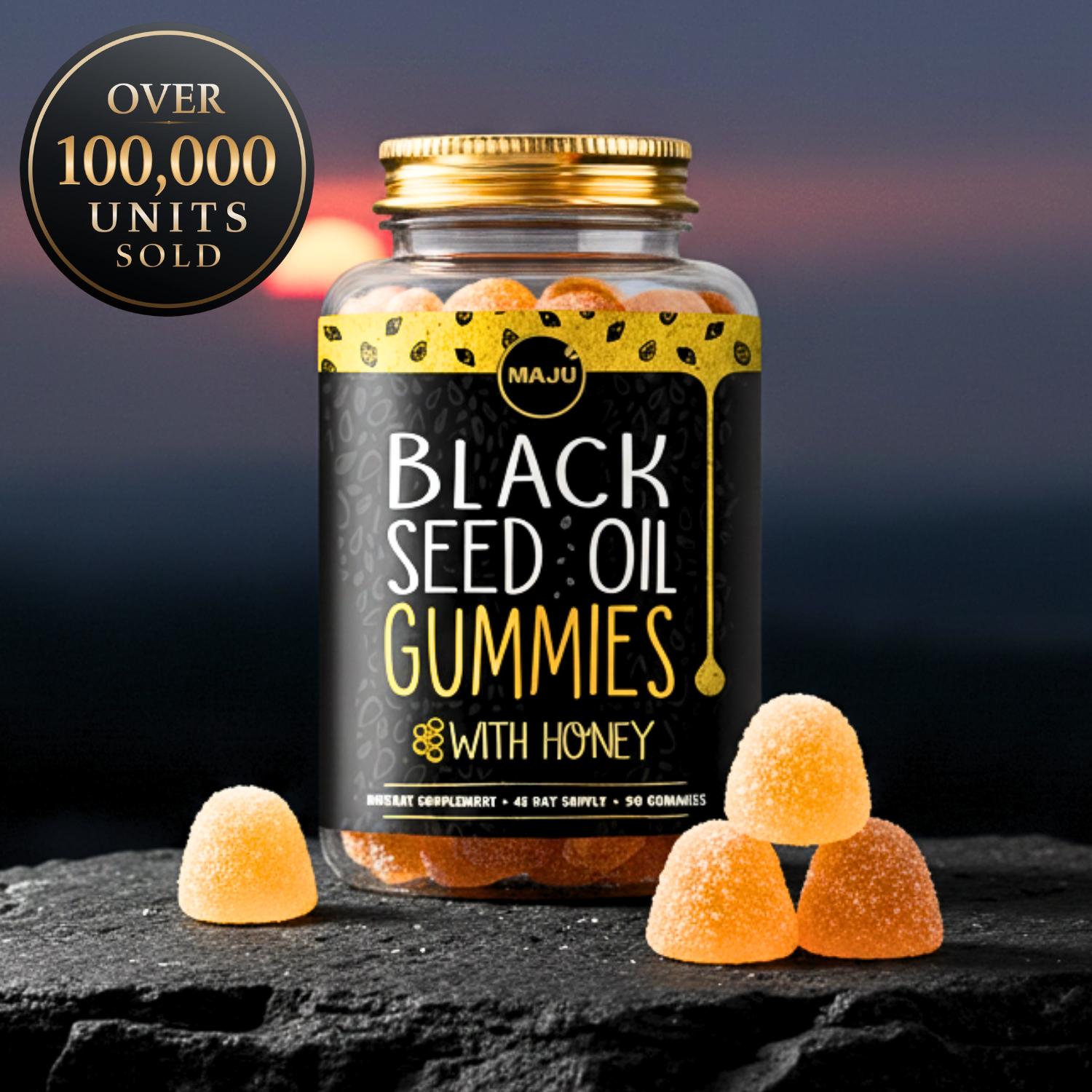 MAJU Black Seed Oil Gummies with Honey 90ct Natural Vitamin Optimum for Hair Skin Nails Gut Gummy Supplement 250mg per G