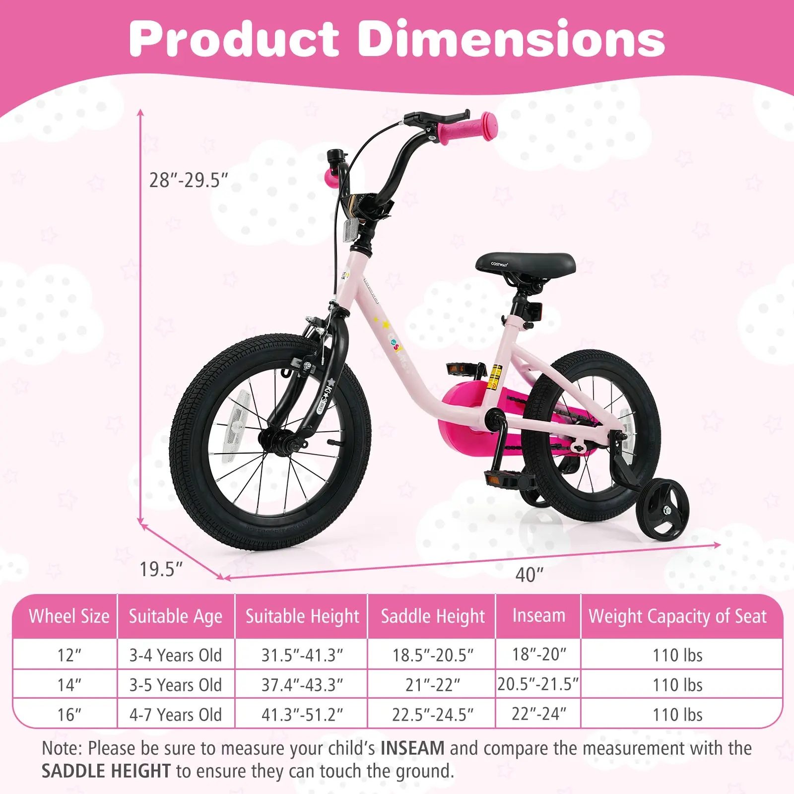 COSTWAY - Kids Bike for 3-7 Years Old Boys and Girls 12/14/16-Inch Children Bicycle-Pink 14 Inch