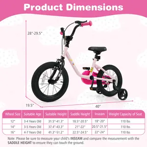 COSTWAY - Kids Bike for 3-7 Years Old Boys and Girls 12/14/16-Inch Children Bicycle-Pink 14 Inch