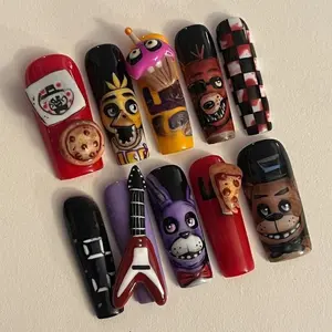 Five Nights Inspired Press On Nails Set 3D Freddy Charm Handmade Horror Game Nail Art for Holiday, Birthday
