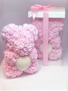 Handmade Eternal Flower Pearl Heart Rose Teddy Bear Gift Box, Ideal for Couples, Valentine's Day, Anniversary, Birthday, Halloween, Mother's Day