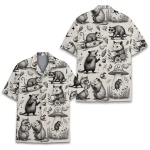 Funny Opossum Hawaiian Shirt Men Women Youth, Vintage UFO Coffee Possum Shirt, Weird Animal Aloha Button Down Short Sleeve
