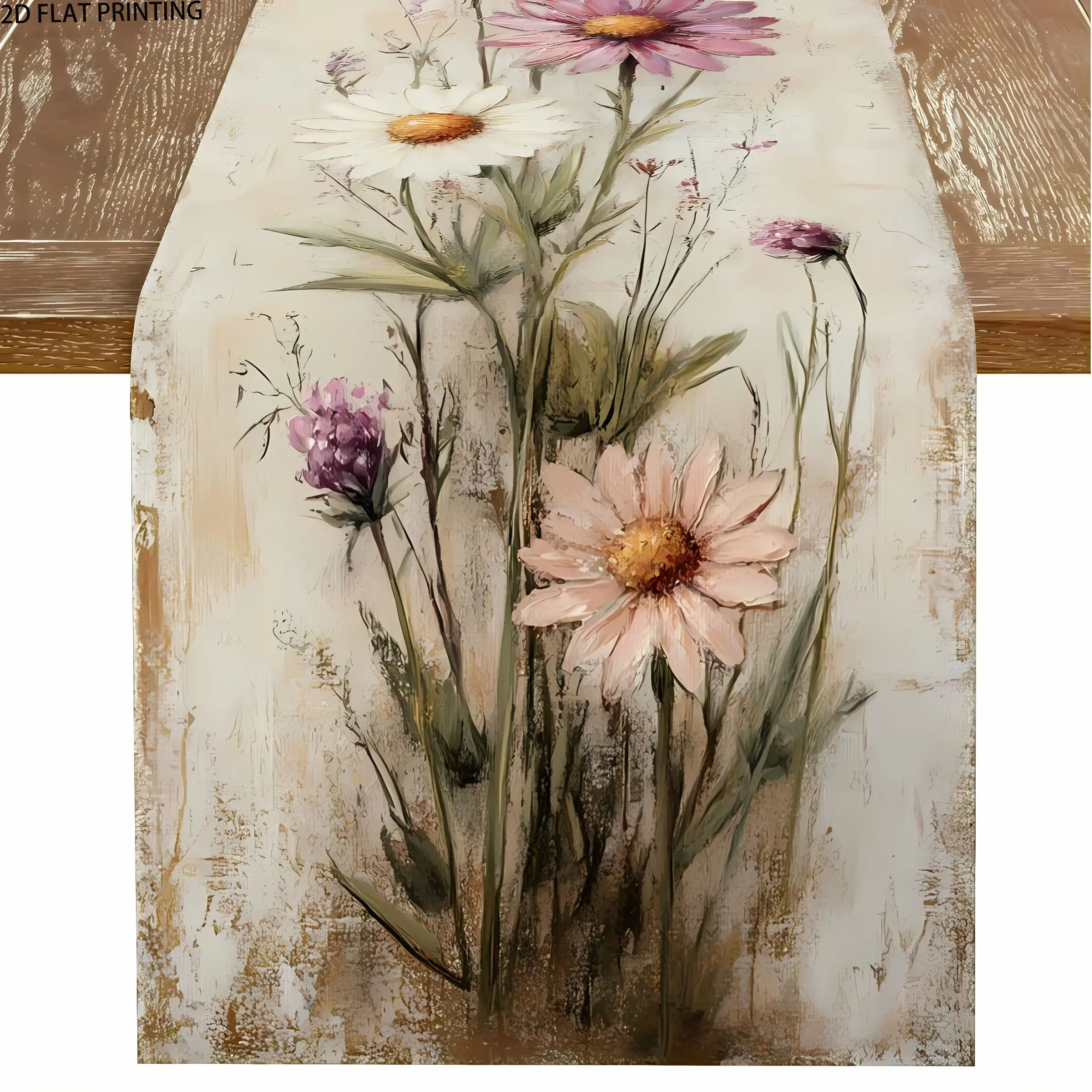 2D flat printing, Vibrant floral print, 1-piece set of colorful floral fresh table flags, suitable for various family gathering occasions in spring and summer, indoor and outdoor use