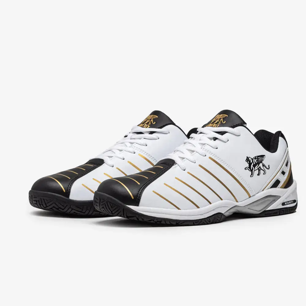 KOURTLY Kourt1 Classic Sporty Court Shoes, White with Black & Gold Accents - Mid-weight Fit for Versatile Performance in Tennis & Pickleball, Racquetball, Balances Weight And Performance, Multi-Sports, Weight-Balanced