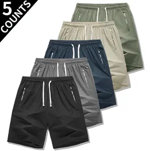 5 Packs Men's Ice Silk Summer Shorts, Ultra-Soft Quick-Dry Sports Shorts with Secure Zipper Pockets, Elastic Waist Drawstring Casual Sweat Shorts for Gym, Running, Workout, Daily Wear