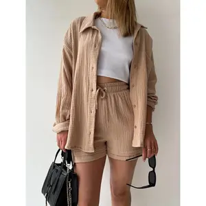New Style Button Cardigan in Solid Color, Casual Loose Long Sleeve Top Paired with Elastic Waist Shorts 2 piece sets women loungesetwomen Minimalist Short Basic Comfort Womenswear