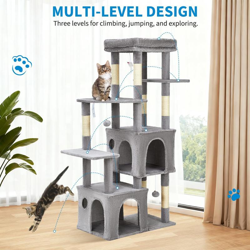 61" Multi-Level Cat Tree for Indoor Cats, Heavy-Duty Tower for Large Adult & Maine Coon Cats with Oversized Perch, Dual Condos, Natural Sisal Scratching Posts & Play Toys