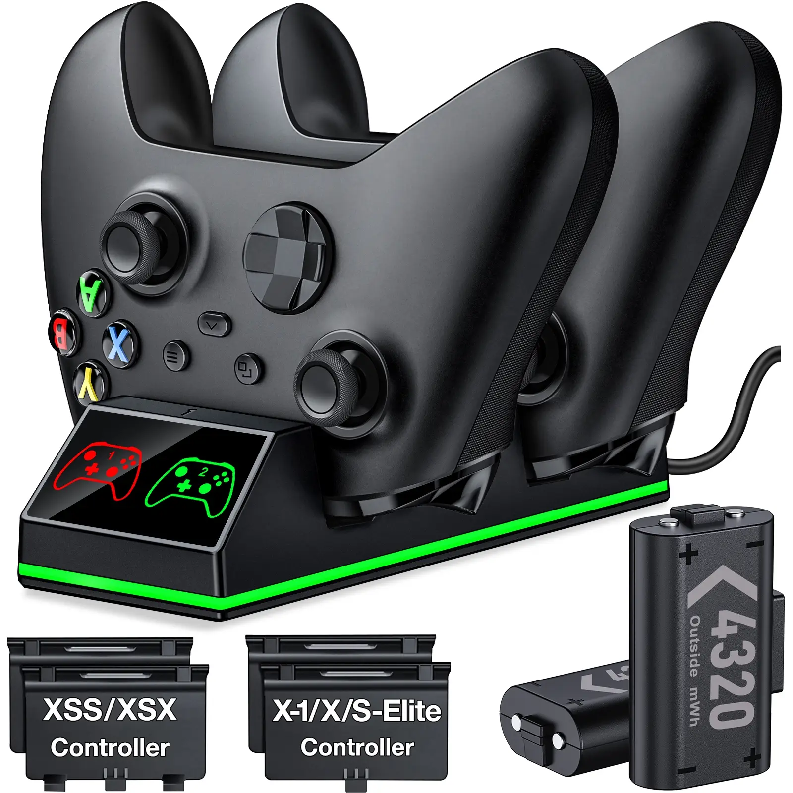Controller Charger Station with 2x4320mWh Rechargeable Battery Pack for Xbox Series X/S Controller, Charging Dock for Xbox Controller Battery Pack wit