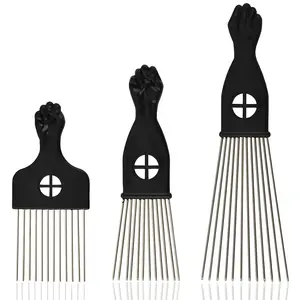 3-Piece Stainless Steel Afro Hair Pick Set with Fist Design for Men & Women Perfect for Natural Curly Hair Styling Tool Unisex