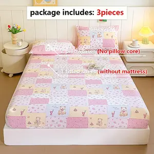 3pcs Bear Floral Plaid Bed Sheet Set, Includes One Flat Sheet and Two Pillowcases, Soft Polyester Fabric, All Seasons Use, Fitted Sheet