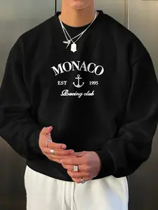 Letter Pattern Graphic Monaco Knit Pullover Sweatshirt, Round Neck Long Sleeve, Loose Fit Casual Sportswear, Perfect for Daily Wear & Leisure