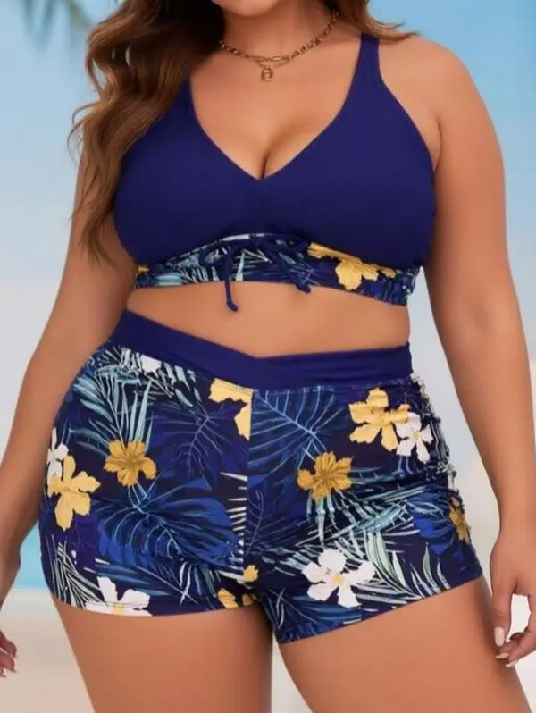 Women's Plus Size Navy Blue Tropical Floral Tankini Set, V-Neck Drawstring Crossover Waist Top & Bottoms, Tummy Control Curve-Friendly Slim Swimwear for Beach & Pool Parties Tankiniswimsuits Swimsuits Set