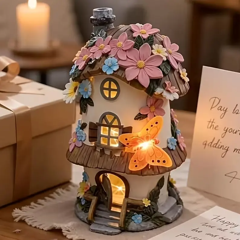 Fairy Garden Light Up Resin House - Enchanting Floral Cottage Figurine with Warm LED String Lights, Butterfly and Blossom Roof Decor for Tabletop, Bedroom, Home Accent